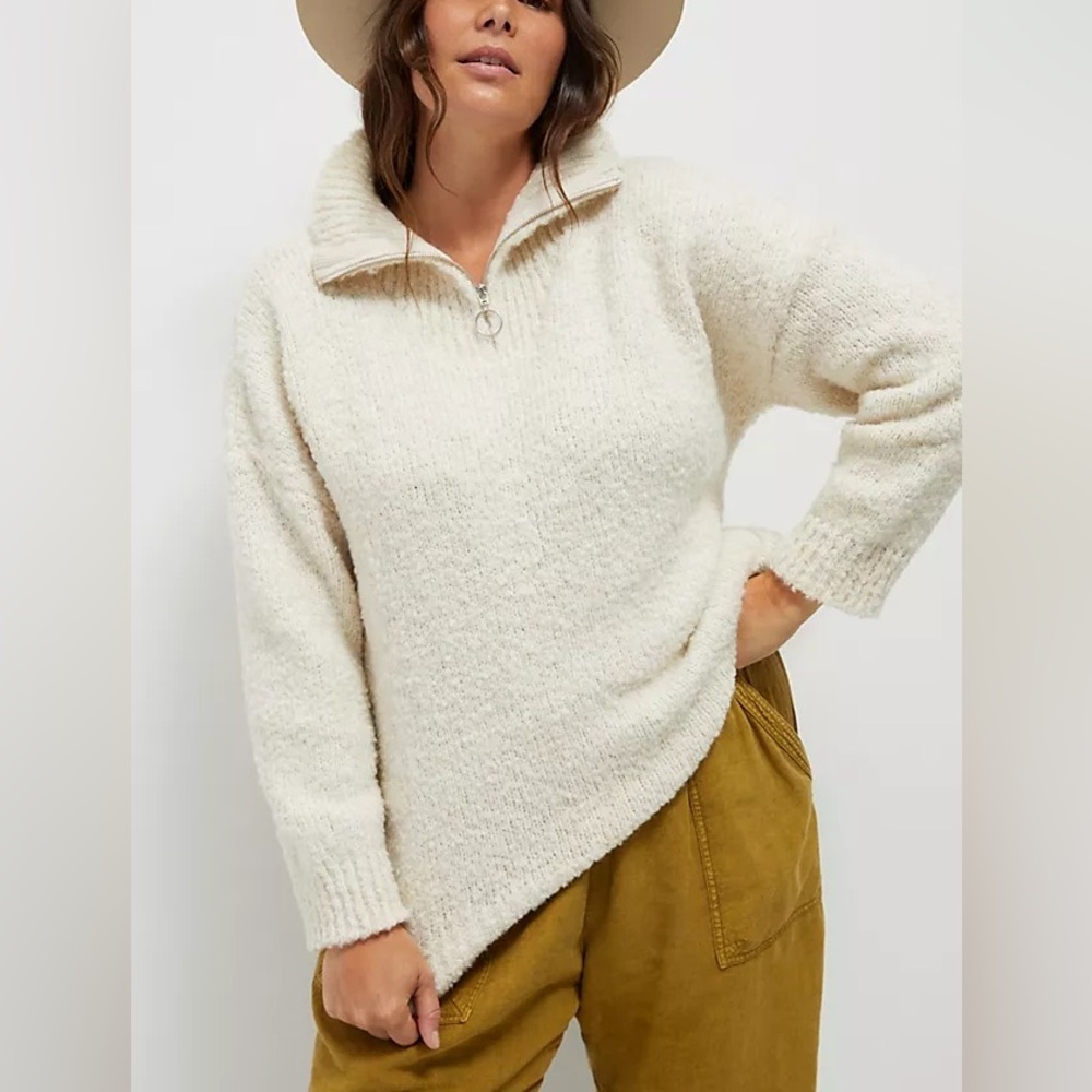 Rachel Zoe Cream Boucle Quarter Zip Sweater